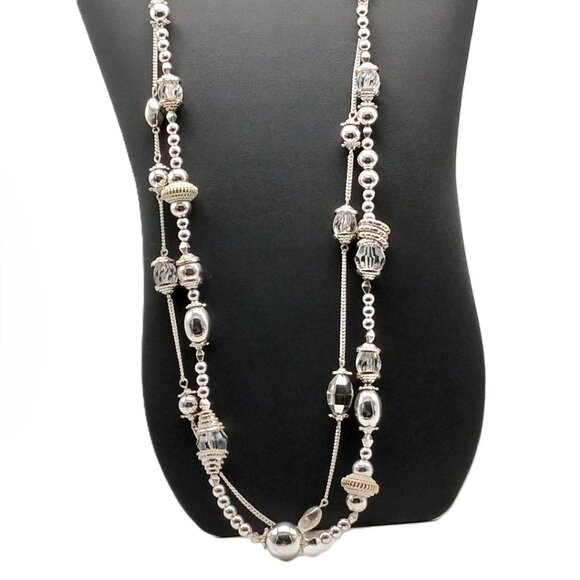 Silver-Tone Double-Strand Beaded Long Chain Necklace 38" - Boho Statement - Picture 15 of 16